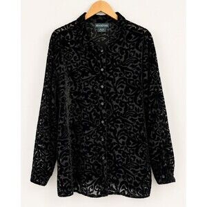 Black Velvet Burnout Sheer Floral Woman 1X Bridgetown Collection Button Blouse